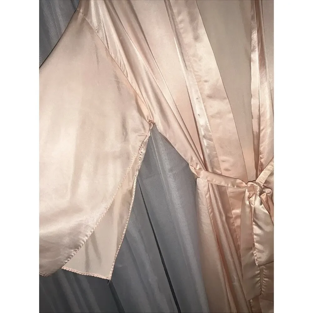 VTG Blush Pink Satin Elegant Long Lounge Robe With Kimono Sleeve Detail Large